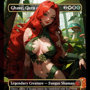 May include: A fantasy art card featuring a woman with long red hair and green eyes, adorned in green leaf-like attire. The card reads "Ghave, Guru of Spores" and "Legendary Creature - Fungus Shaman". The background shows a forest setting with mushrooms.