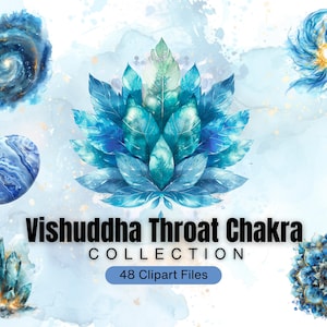 Könnte beinhalten: Aquarellillustrationen der Vishuddha Throat Chakra-Kollektion. Das Bild zeigt verschiedene blaue und türkisfarbene Elemente, darunter ein zentrales lotusartiges Design, Kristalle und abstrakte Formen. Der Text lautet "Vishuddha Throat Chakra COLLECTION 48 Clipart Files."