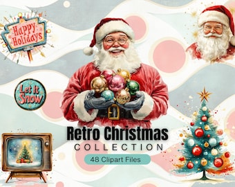 May include: A digital illustration featuring a Retro Christmas Collection. Santa Claus holds colorful ornaments. Other elements include a Christmas tree, a vintage television, and signs that read "Happy Holidays" and "Let it Snow".