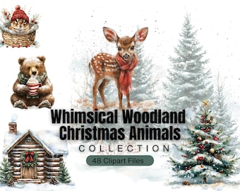 whimsical woodland christmas animals clipart bundle digital watercolor png forest animal stickers winter holiday animals for planner mugs