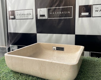 The Washbasin Studio - Luxury Natural Beige Marble Washbasin Vanity Top for Bathroom/Living Rooms/Powder Rooms (LxWxH) 15x15x4 inches.