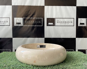The Washbasin Studio - Luxury Natural Cream Marble Round Washbasin Vanity Top for Bathroom/Living Rooms/Powder Rooms (LxWxH) 16x16x4 inches.