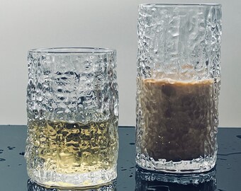 Hand-Blown Glass Tumbler with Vertical Stripes of Varying Heights, Suitable for Water, Beverages,  Beer, Coffee, and Whiskey