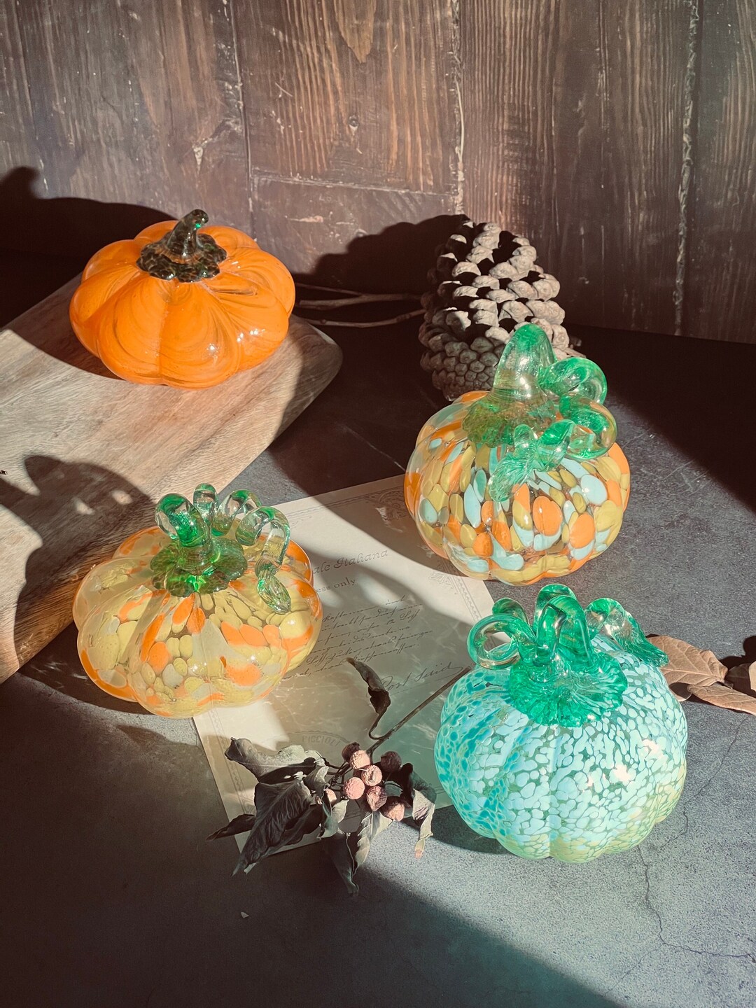 Multicolored Hand Blown Glass Pumpkins With Green Stems Etsy