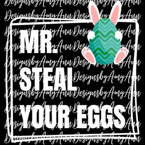 Op de afbeelding: Witte tekst op een zwarte achtergrond luidt "MR STEAL YOUR EGGS". Een cartoonkonijn dat een groen en blauw paasei vasthoudt, bevindt zich in de rechterbovenhoek van de afbeelding.