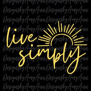 May include: A yellow graphic design with a sun and the text "live simply" on a black background.