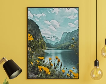 Fine Art Photography Prints, Watercolor Mountain and Lake  Printable Wall Art