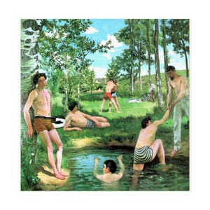 May include: A painting showing a group of men in a park. Some are in the water, others are sunbathing or interacting. The men are wearing swim shorts in various colours and patterns. The scene is set in a green environment with trees and a blue sky.