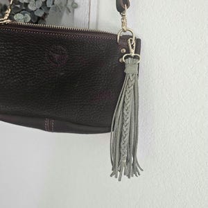 Quality stylish Bag Charm, Modern purse embellishment, Olive Green Mint chic hanging braided flair, custom suede swag leather soft fringe
