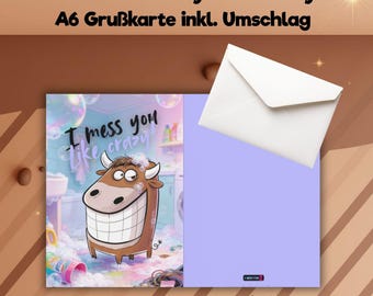 High-quality premium greeting card "I mess you like crazy", I Miss You 2, Missing You card A6, folding card with envelope, gift idea, cartoon card