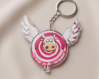 Sugar Moo Acrylic Guardian Angel Gift Keychain Cow, "I'm stuck to you - it's better that way." Funny guardian angel for car, car decoration, rearview mirror
