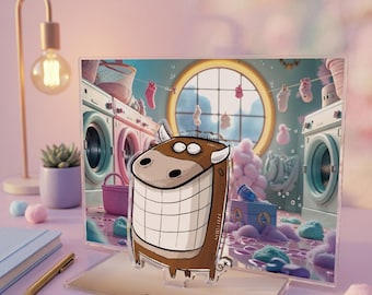 Smilow "Model Walk in the Laundromat" Diorama, I Miss You 2, Acrylic Figure, Cow Acrylic Figure, Kawaii Cow Acrylic Figure, Collectible Figure, Stream Decoration, Twitch