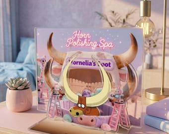 Hornelia "Horn-Spa" Diorama, I Miss You 2 Cowlectibles, Acrylic Figurine, Kawaii Cow Acrylic Figurine, Collectible Figurine, Cute Desk Decor