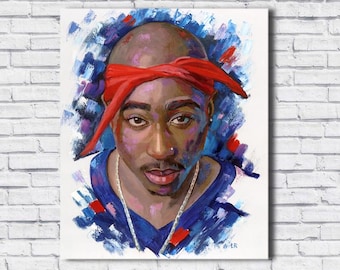 Puede incluir: Pintura de retrato de un hombre con una bandana roja, una cadena plateada y una camisa azul. La obra de arte presenta una paleta de colores vibrantes con tonos azules, rojos y morados. La pintura está sobre un fondo blanco.