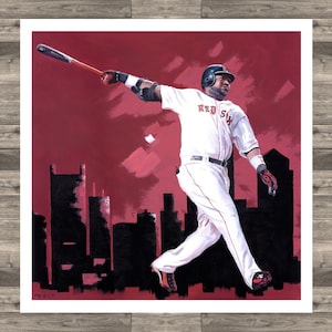 May include: An action painting of a baseball player in a white uniform with "RED SOX" on the chest, swinging a bat. The background is a red sky with a silhouette of a city skyline. The player is wearing a black helmet and red gloves.