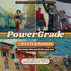 May include: A digital product advertisement titled PowerGrade featuring a collage of film-style imagery including people in costumes, colorful buildings, and goats. The text reads PowerGrade, + 6 LUTs & Bonuses, Film looks that smell like popcorn, and Malibu '74.