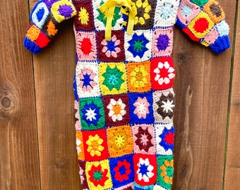 VTG 1970s Hand Crochet Multi-Color Granny Square One Piece