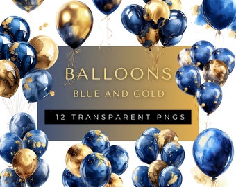 Globos de zafiro azul y dorado, globos PNG, fiesta, cumpleaños, baby shower, boda, despedida de soltero, evento DIY, elegante y elegante.