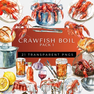 May include: A watercolour illustration of a crawfish boil with a pot of crawfish, lemons, beer, bread, and other ingredients. The illustration is labelled "Crawfish Boil Pack 1" and "21 Transparent PNGs".