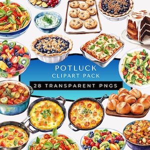 Peut inclure: Une illustration aquarelle d'un dîner de potluck avec 28 plats différents, dont une salade de pâtes, une salade de fruits, des lasagnes, un gratin, des biscuits et des petits pains. Le texte "Potluck Clipart Pack 28 Transparent PNGs" est écrit en bleu sur un fond bleu clair.