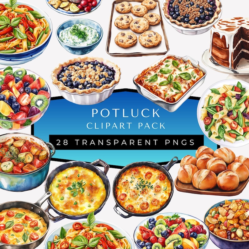 Potluck Clipart Pack, Watercolor Food, Casseroles, Desserts, Salads ...