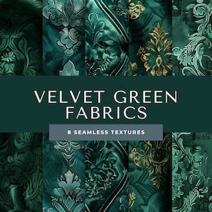 May include: Eight seamless digital patterns featuring rich green velvet fabric with intricate damask designs.  The patterns are perfect for creating digital designs, backgrounds, and textures.