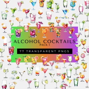 アルコール飲料のクリップアート、PNG シグネチャー カクテルのイラスト、即時ダウンロード、明るいアルコール グラスのイラスト | 鮮やかなバーのアートワーク