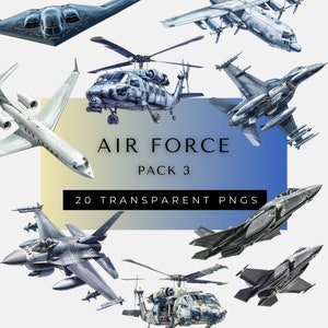 May include: A collection of 20 transparent PNG images of various military aircraft, including helicopters, fighter jets, and cargo planes. The images are all in a realistic style and are perfect for use in digital projects.