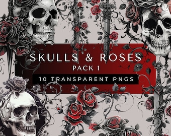May include: A digital art pack of 10 transparent PNG images featuring skulls and roses. The images are in black, white, and red, and feature intricate details. The text "Skulls & Roses Pack 1" is displayed on a red background.