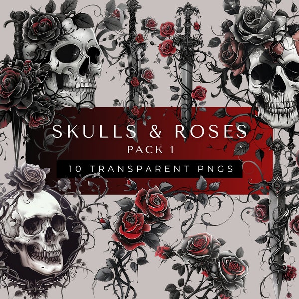 Skulls and Roses, Gothic Floral Illustrations, Flower Skull, Halloween, skeleton silhouette, Vines, Dead, Magic Mirror, Void, Dagger