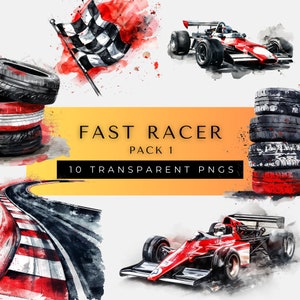 May include: A digital illustration of a red race car with black accents, a checkered flag, and a stack of tires. The image is set against a white background with watercolor-like splatters of red and yellow. The text "FAST RACER PACK 1 10 TRANSPARENT PNGS" is displayed in a yellow banner.