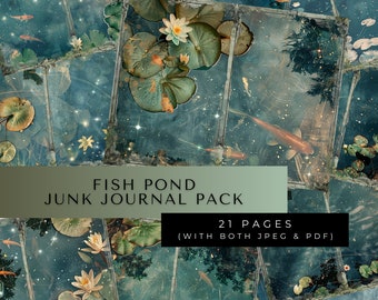 Enchanted Fish Pond Digital Paper In Printable PDF And JPEG, Magical Junk Journal Kit, Mix And Match Pages, Print at home, Instant Download