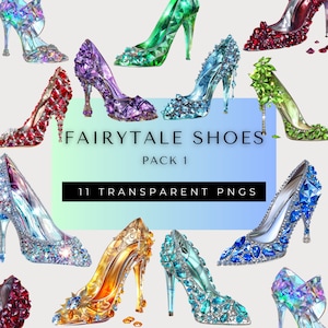 Clipart de zapatos de princesa de cuento de hadas: zapatillas brillantes, calzado con cristales de piedra natal, elegantes tacones altos, rubí, diamante, ópalo y amatista - Glamorosa