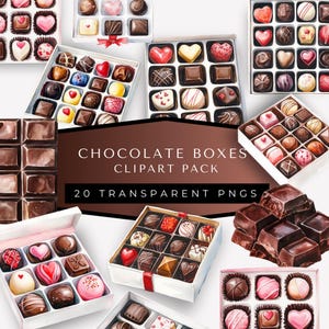 Clipart chocoladedoosjes, Valentijnsdag, romantische date-avond, graphics voedselevenement, chocolaatjes en harten, vloeibare chocolade, cacaowoestijnen