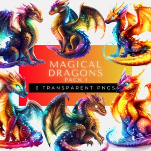 Dragons Watercolor Clipart | Fantasy Dragons PNG | Magical Fairytale | Commercial Use | Paper Crafts Junk Journal | Scrapbooking