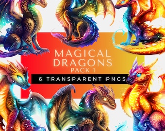 Dragons Watercolor Clipart | Fantasy Dragons PNG | Magical Fairytale | Commercial Use | Paper Crafts Junk Journal | Scrapbooking