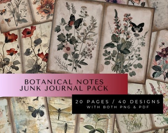 Może przedstawiać: Kolaż 20 stron z botanicznymi ilustracjami do junk journaling. Strony zawierają ilustracje w stylu vintage kwiatów, motyli i owadów. Tekst na kolażu brzmi "Botanical Notes Junk Journal Pack 20 Pages / 40 Designs With Both PNG & PDF".