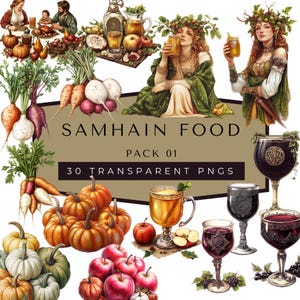Samhain Food Clipart, Feast, Pumpkin, Wine Goblet, Witchy, Halloween, Printable Sabbat, Celtic Wicca Wiccan Paganism Pagan, Book of Shadows