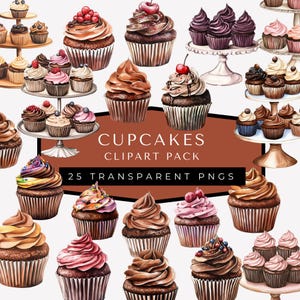 Clipart de cupcakes de chocolate, glaseado de arcoíris, adornos de chocolate, niveles para soporte de pasteles, gráficos de postres en acuarela, paquete de dulces