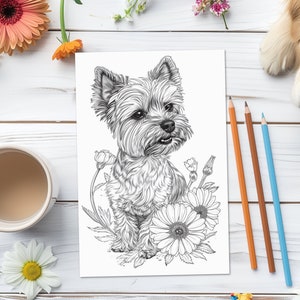 Yorkshire Terrier Dog Coloring Page/Sheet, Adult/Teen Printable Coloring Page of Pet Yorkie Dog Breed, Flower, Insta Download, Mental Health