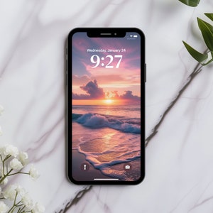 Sfondi per telefono al tramonto sulla spiaggia Download istantaneo PNG, estetico, Beachcore, vibrante, rilassante, bellissimo oceano, schermata di blocco iPhone o Android