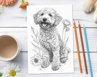 Goldendoodle Dog Coloring Page/Sheet, Adult/Teen Printable Coloring Page of Pet Goldendoodle Breed, Insta Download, Mental Health