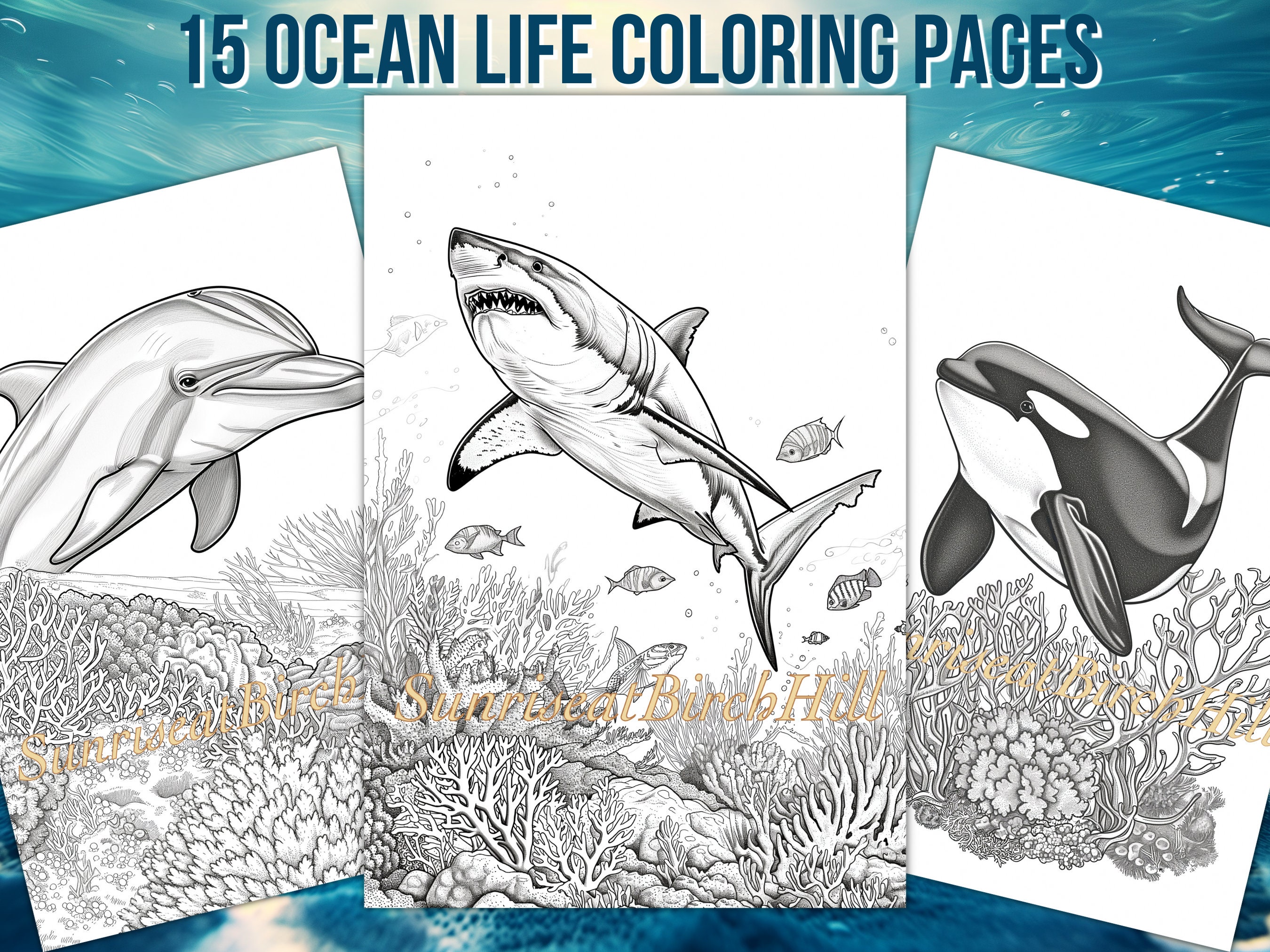 15 Ocean Life Coloring Pages Adults Coloring Book Kids Coloring Sheets Printable Sea Animals Ocean Coloring Fish Sharks Dolphins Seahorses