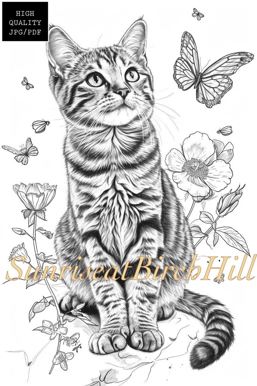 American Shorthair Tabby Cat Coloring Page/sheet, Adult Printable