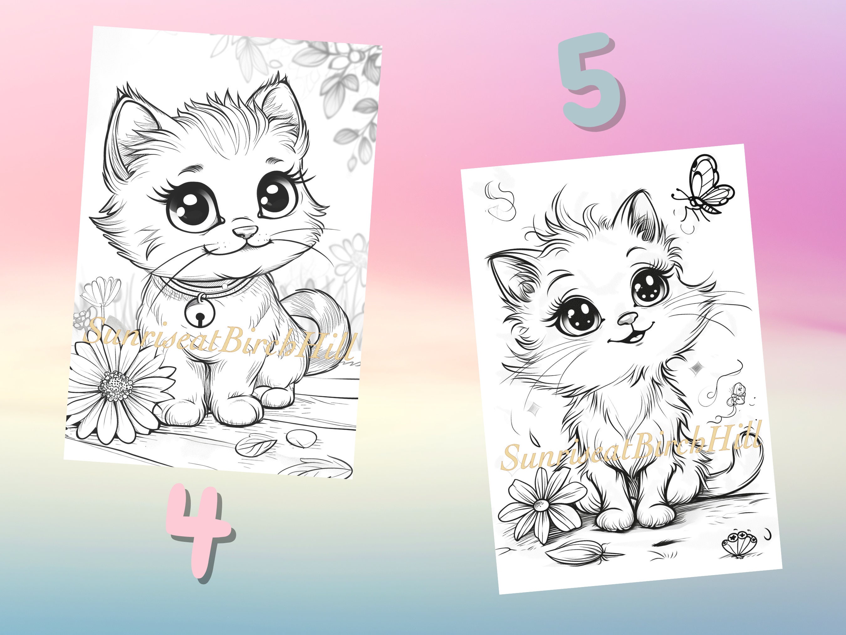 Five Cute Kitten Cat Coloring Pages/sheets, Instant Download Printable ...