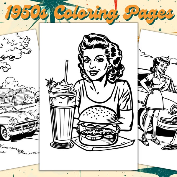 1950s Retro Coloring Pages/Sheets, Kids/Teens/Adults Instant Download Printable 10 Page Coloring Book, 50s Retro, Iconic, Classic, Decade