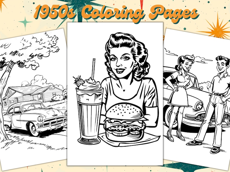 1950s Retro Coloring Pages/sheets, Kids/teens/adults Instant Download