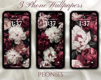 Peonies Phone Wallpaper collection, Set of 3, Instant Download, Pink, White, Burgundy, Elegant, Aesthetic, iPhone or Android Lock Screen