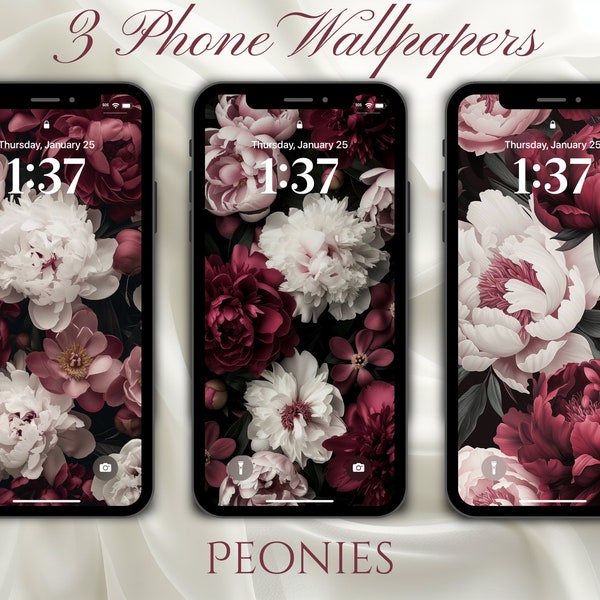 Peonies Phone Wallpaper collection, Set of 3, Instant Download, Pink, White, Burgundy, Elegant, Aesthetic, iPhone or Android Lock Screen