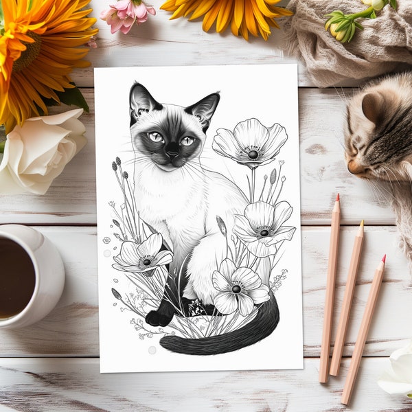 Siamese Cat Coloring Page/Sheet, Adult/Teen Printable Coloring Page of Pet Siamese Kitten Breed, Insta Download, Kids, Mental Health